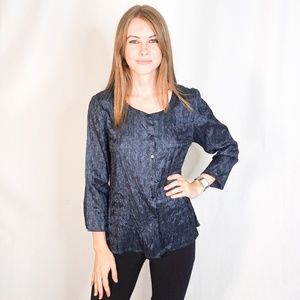 EILEEN FISHER Blue Silk Crinkle Button Shirt